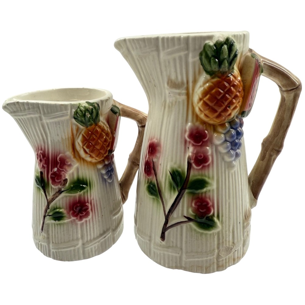 Vintage Ceramic Pitcher Creamer Japan Bamboo Fruit Floral Tropical‎ Retro Decor